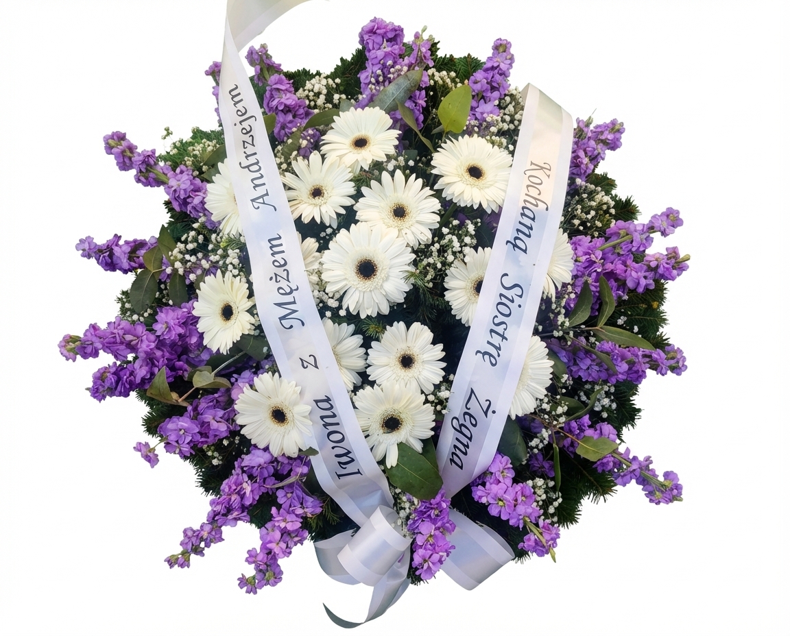 Lewkonie i Gerbery - widok 3 - Wieniec pogrzebowy