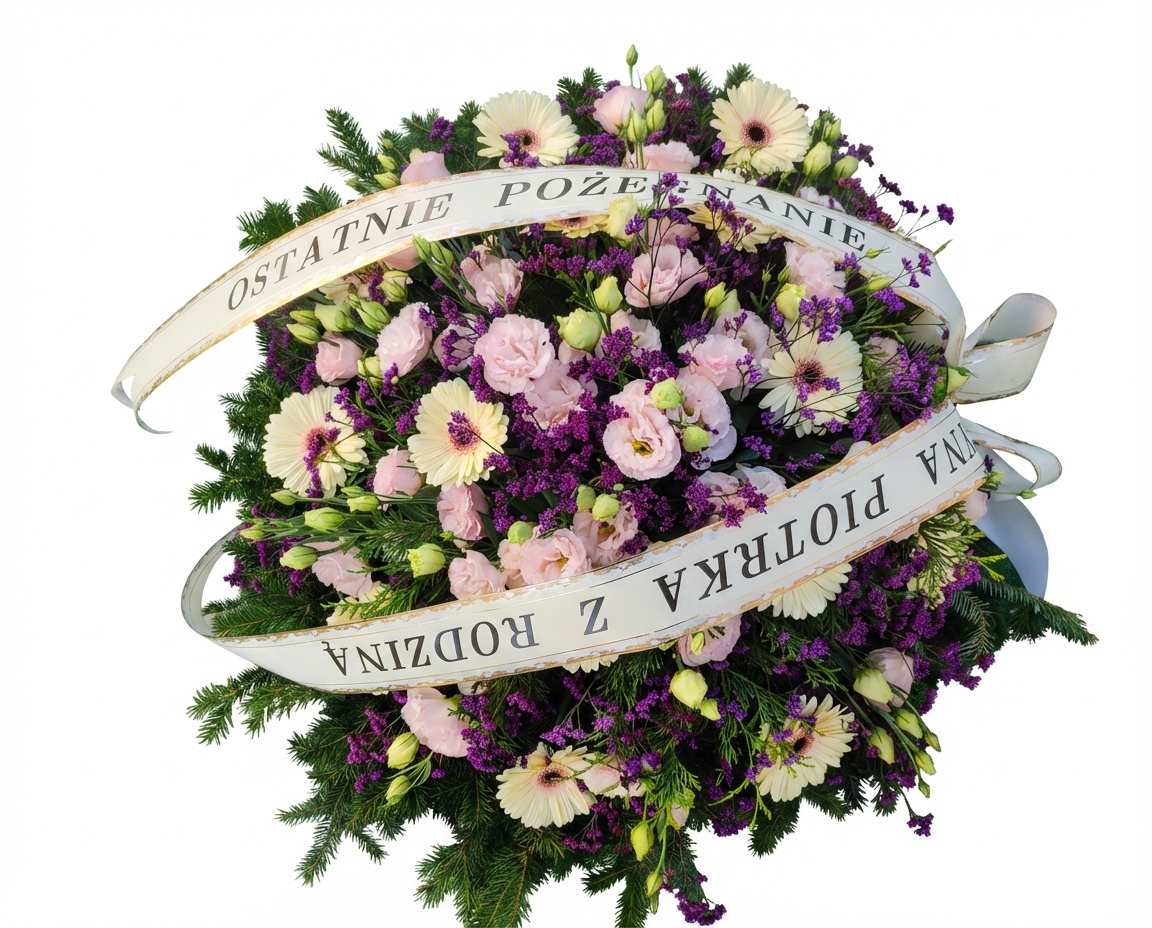 Wieniec Pudrowy Róż i Fiolet – Eustoma - widok 4 - Wieniec pogrzebowy