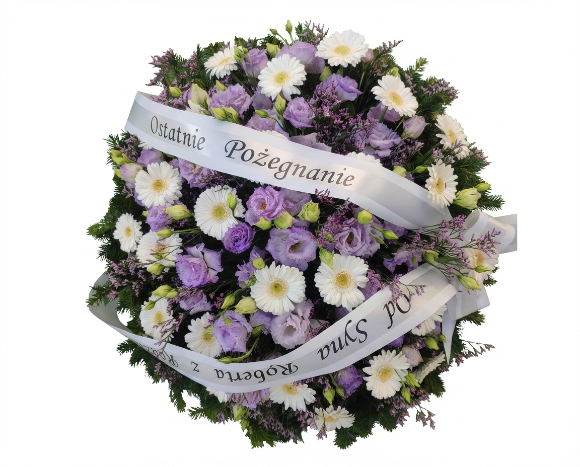 Eustoma i Gerber mini - widok 5 - Wieniec pogrzebowy