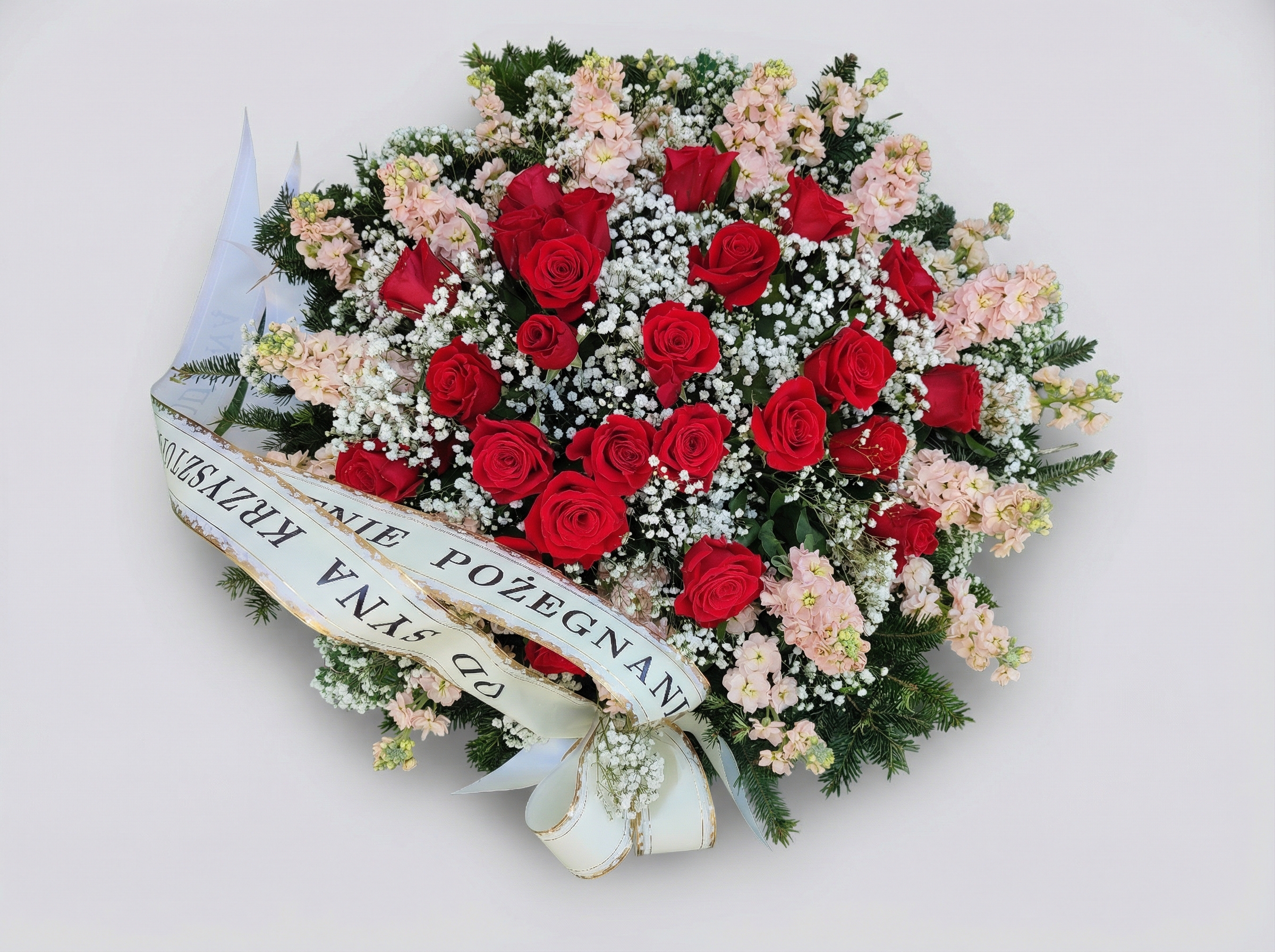 Wieniec Czerwone Róże i Gipsówka - Wieniec pogrzebowy - Kwiaciarnia Pogrzebowa