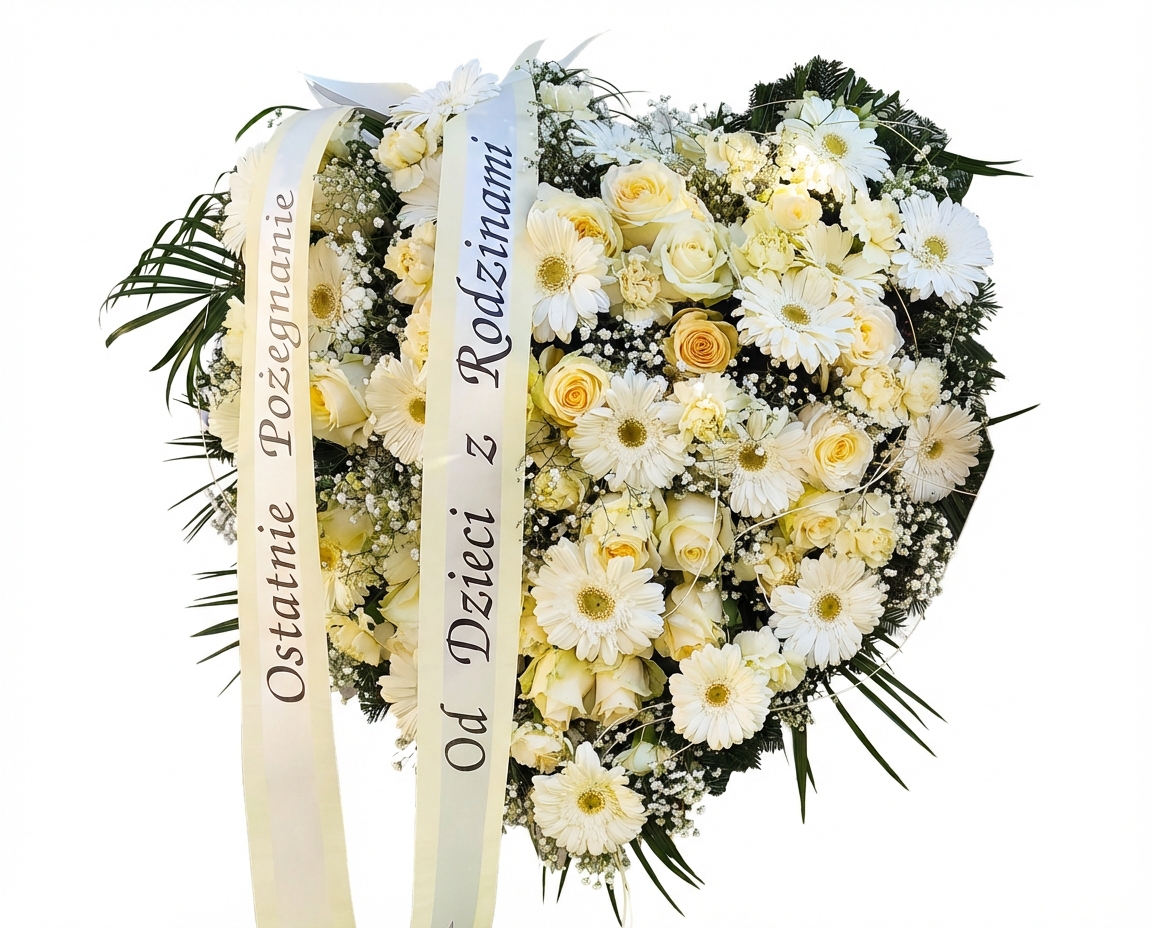 Wieniec kremowo białe serce - Bestseller - Wieniec pogrzebowy - Kwiaciarnia Pogrzebowa Jastrzębie-Zdrój