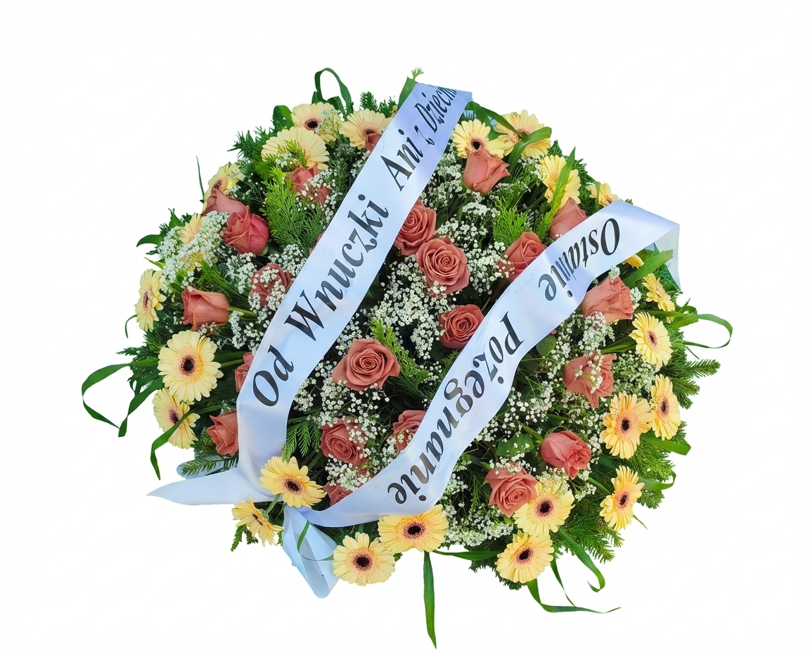 Róża Barista oraz kremowy Gerber - widok 3 - Wieniec pogrzebowy