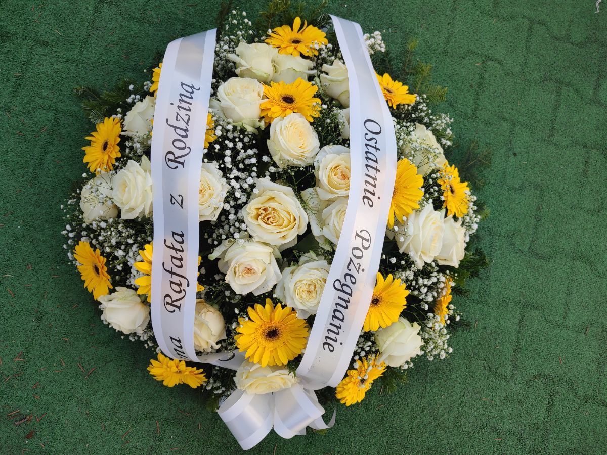 Gerber i Róża - Wieniec pogrzebowy - Kwiaciarnia Pogrzebowa dostawa Jastrzębie-Zdrój, Rybnik, Żory