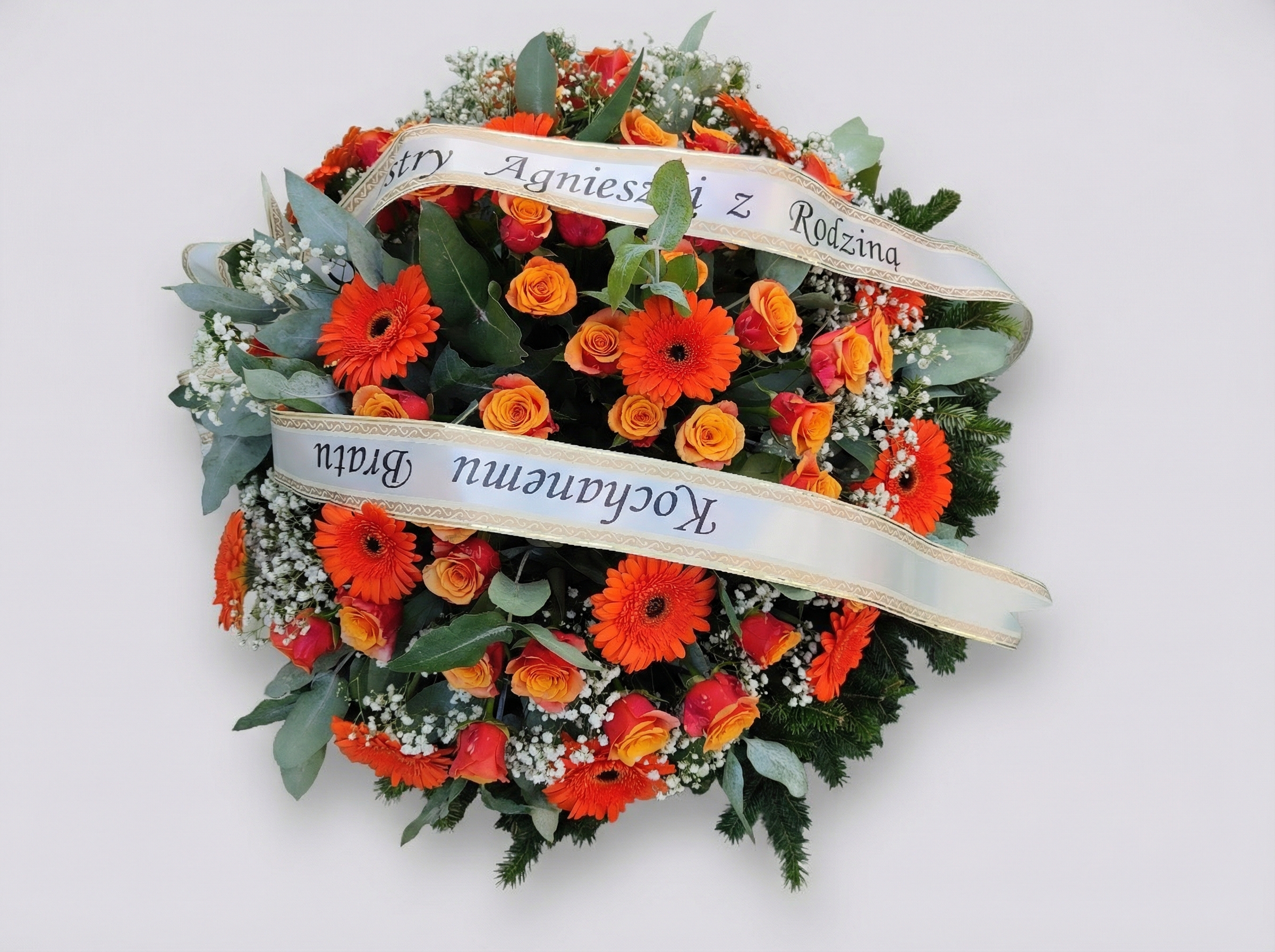 Wieniec Pomarańczowe Gerbery i Róże - Bestseller - Wieniec pogrzebowy - Kwiaciarnia Pogrzebowa Jastrzębie-Zdrój